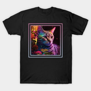 Cuddly Egyptian Mau Cat Floral Vibrant Tropical Digital Oil Painting Portrait T-Shirt